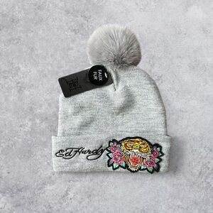 Ed Hardy Gray Beanie with Tiger and Floral Design